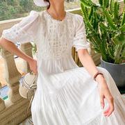 夏季女装蕾丝裙法式连衣裙，白色气质温柔风中长裙，度假女装裙子