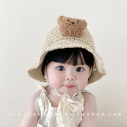 婴儿草帽夏季可爱超萌小熊男女宝宝遮阳帽草编蕾丝，1岁2卡通渔夫帽