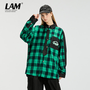 lamlicka美式复古绿色格仔拼接廓形长袖，衬衫男女同款oversize上衣
