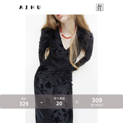 AZHU软烟花立体绽放新中式黑色烧花工艺丝绒连衣裙女春季长裙