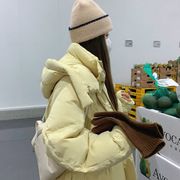 黄色短款羽绒服女冬季2023年韩系加厚连帽面包服90白鸭绒外套