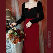 巷里法式复古红色连衣裙春秋，宫廷赫本玫瑰，拼接显瘦气质小礼服长裙