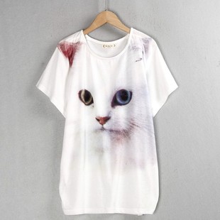 4557蝙蝠袖T恤 大版棉质甜美猫咪可爱印花中长T 宽松透气运动小衫