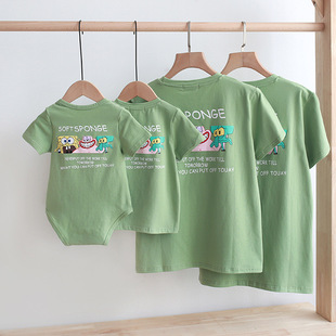 2024亲子装全家装夏装棉卡通动漫绿色家庭装夏季T恤短袖爬服