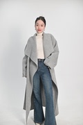SURO 韩版设计款立领双面羊毛大衣冬季大牌宽松系带长款羊毛外套