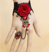 欧美复古红色玫瑰，金属花藤水晶洛丽塔气质，蕾丝手链一体首饰