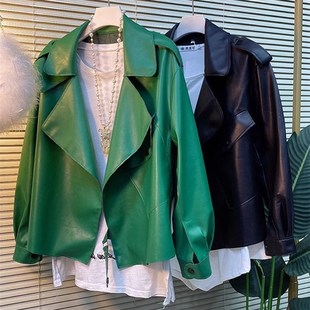 时尚宽松绵羊皮皮衣女外套2023年秋季韩版绿色真皮皮夹克上衣