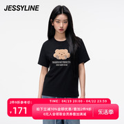 杰茜莱黑色字母小熊短袖T恤女2024春夏百搭上衣潮 jessyline