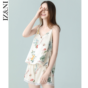 iizzini原创睡衣女夏天吊带冰丝，薄款中国风，蔷薇花短裤家居服套装