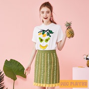 小众原创设计白色宽松休闲水果菠萝短袖刺绣纯棉圆领中长长T恤女