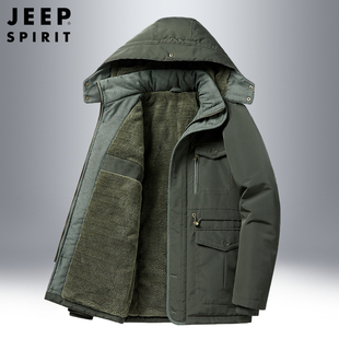 jeep加绒加厚棉衣男冬季保暖中老年爸爸，棉服工装超厚休闲外套