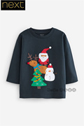 英国Next儿童男女深蓝色圣诞老人驯鹿长袖T恤纯棉D79-752