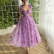 蝴蝶花朵姐妹伴娘裙连衣裙露背轻奢订婚纱裙，紫色晚礼服公主裙