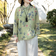 念江南国风苎国女麻印花独特中式上衣立领复古禅意原创设计感衬衫