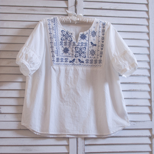 夏季文艺范青花瓷刺绣，圆领短袖纯棉衬衫，白色衬衣小清新上衣女