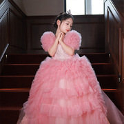 粉色欧美风儿童钢琴演出服装，拖尾花童公主裙，模特走秀礼服女童冬季