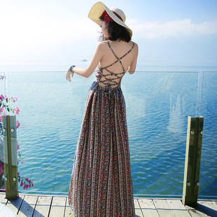 夏季无袖露背吊带超仙雪纺连衣裙长裙马尔代夫三亚海边度假沙滩裙