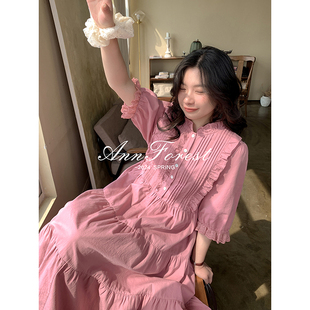 棉质优雅法式复古连衣裙安妮森林2024粉色甜美少女感大码长裙