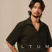 cultum镂空透气v型，翻领肌理针织衫男士短袖套头，休闲复古半袖上衣