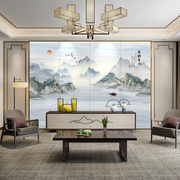 定制新中式客厅电视墙背景硬包沙发卧室床头山水花鸟刺绣壁画皮革