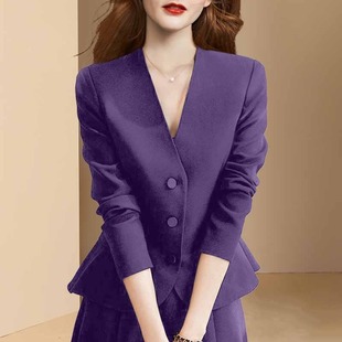 欧美高端复古紫色V领西装外套女2023秋季高级感气质收腰西服