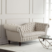 美式新古典拉扣布艺沙发米白色欧式三人位沙发大小户型亚麻布沙发