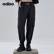 odbo欧迪比欧时尚气质工装，黑色休闲裤女春季束脚运动哈伦裤