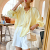 2023春夏黄色女宽松设计感法式气质淑女衬衫长袖轻薄蕾丝女装