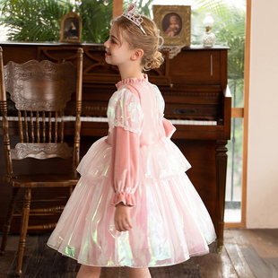 女童连衣裙金丝绒长袖，秋冬装爱沙公主裙子粉色，生日儿童礼服裙