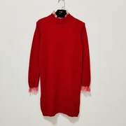 任3件C3213大红毛衣中长款女装秋冬半高领花边长袖针织衫
