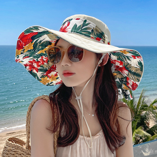 遮阳帽子女夏天沙滩帽防紫外线海边度假防晒大檐帽太阳帽折叠凉帽