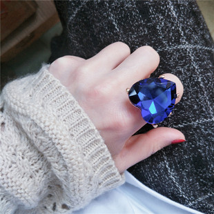 网红个性潮人时尚夸张水晶大宝石蓝色爱心欧美风复古食指戒指环女