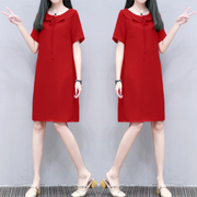 2024夏季女装时尚翻领大红色裙子休闲中长款宽松显瘦连衣裙女