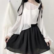 ruibbit自制雪纺罩衫背带，半身裙短裙白黑色(白黑色，)基础款夏女百搭