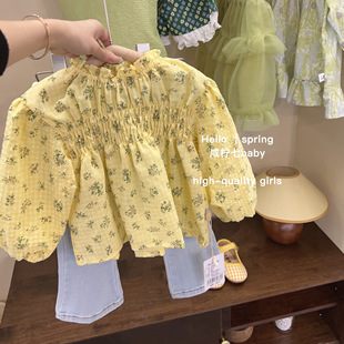 韩国童装女童上衣2023春秋女童，黄色碎花小清新泡泡袖百搭衬衫