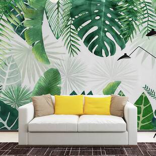 北欧绿色植物墙纸热带雨林壁纸餐厅，电视背景墙布手绘芭蕉树叶壁画