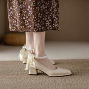 串珠方头高跟鞋粗跟玛丽珍女鞋2024年法式浅口珍珠中跟单鞋女