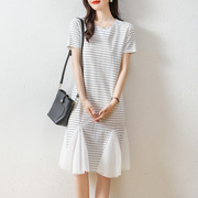 2023夏季韩版女士连衣裙，t恤雪纺拼接裙子，短袖宽松过膝条纹裙