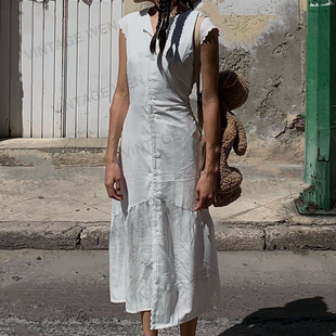 vintagewen法式复古白色，气质花边高腰显瘦中长款连衣裙，长裙简约
