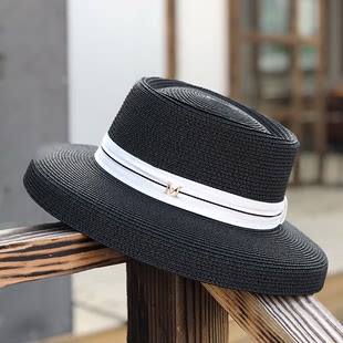 赫本风灯罩礼帽法式M标复古织带夏季草帽英伦海边沙滩度假遮阳帽