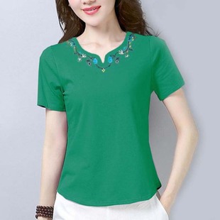 草绿色纯棉短袖t恤女修身上衣，2023夏中年(夏中年，)妈妈大码减龄民族风小衫