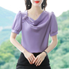 韩国气质宽松显瘦遮肚子褶皱立体花朵短袖雪纺衫女装夏季薄款衬衫