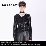 Lapargay纳帕佳2023女装黑色短款休闲长袖套头针织衫显瘦上衣