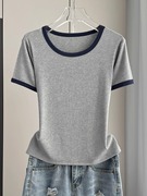 灰色休闲短袖t恤女2024夏季莫代尔螺纹，大码宽松显瘦打底上衣
