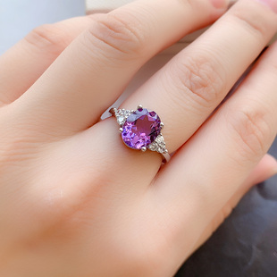 纯银镶嵌天然紫水晶戒指女开口可调节时尚珠宝首饰原创设计带证书