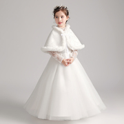 白色晚礼服女童公主裙，生日小女孩花童婚礼儿童，钢琴演出服表演秋冬