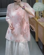 粉色减龄国风上衣女2023年夏季圆领绣花宽松显瘦中式衬衫潮