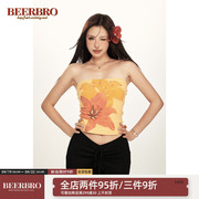 BeerBro 复古美式海岛辣妹aloha热带花朵印花紧身抹胸吊带背心女