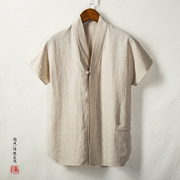 夏季中国风男装短袖亚麻衬衫宽松大码唐装中式棉麻上衣居士禅茶服