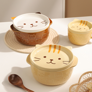 卡通日式拉面碗宿舍泡面碗带盖陶瓷碗可爱少女心猫咪网红汤碗家用